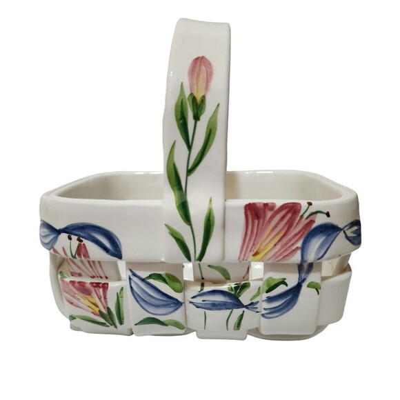 Unmarked Other - Hand Painted Italian Pottery Ceramic Woven Basket with Handle Floral Design